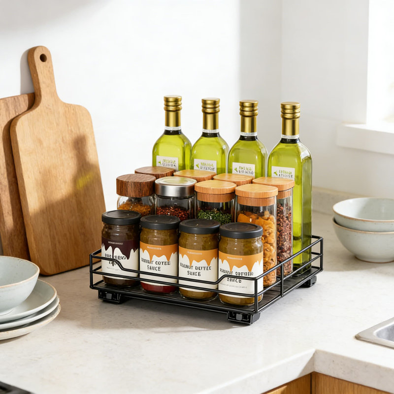 Support à épices coulissant pour armoires de cuisine, rangement pour épices coulissant robuste avec glissières à roulement à billes lisses, conception étagée peu encombrante pour les assaisonnements et les sauces