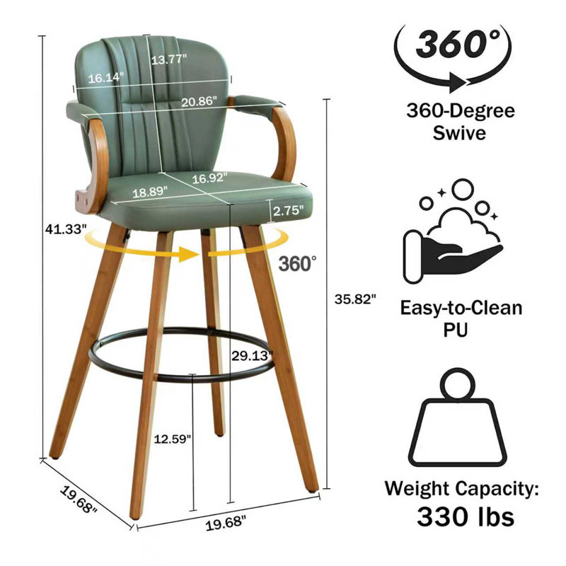 Modern Upholstered Leather Swivel 30 inch Bar Stools, Green, Bar Stool (30" Seat Height)