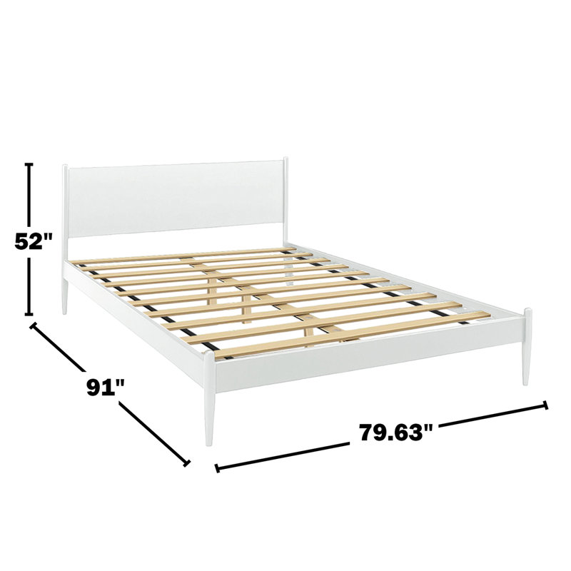 Lit plateforme blanc de style Mid-Century moderne blanc, sans sommier, pieds arrondis et fuselés, construction, base à lattes pour le soutien du matelas et pratique de la chambre à coucher, bois massif et bois d'ingénierie, esthétique confortable