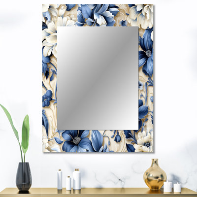 Horner victorien bleu et blanc fleurs damassé - miroir décoratif damassé, grand miroir mural damassé, impression sur métal