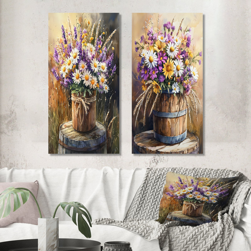 Wildflower Breeze Farmhouse Bouquet I - Jardin jaune, ensemble d'art mural en métal 2 impressions, 40" H x 40" W