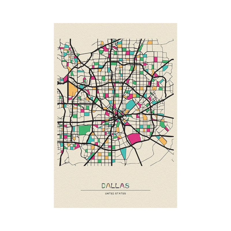 Dallas, Texas Map 1 Piece Wrapped Canvas Wall Art, 152.5 cm H x 101.5 cm W