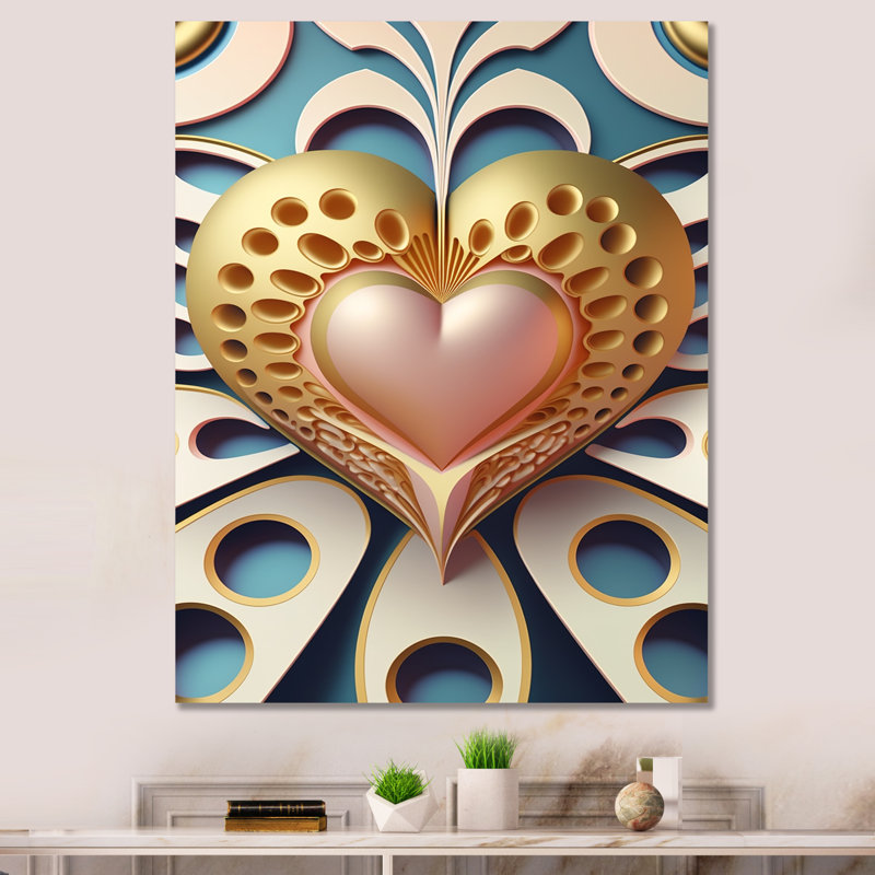 Cœur en or contemporain brillant III - décoration murale abstraite romantique en métal - MT81333, H 32 po x l 16 po x P 1 po