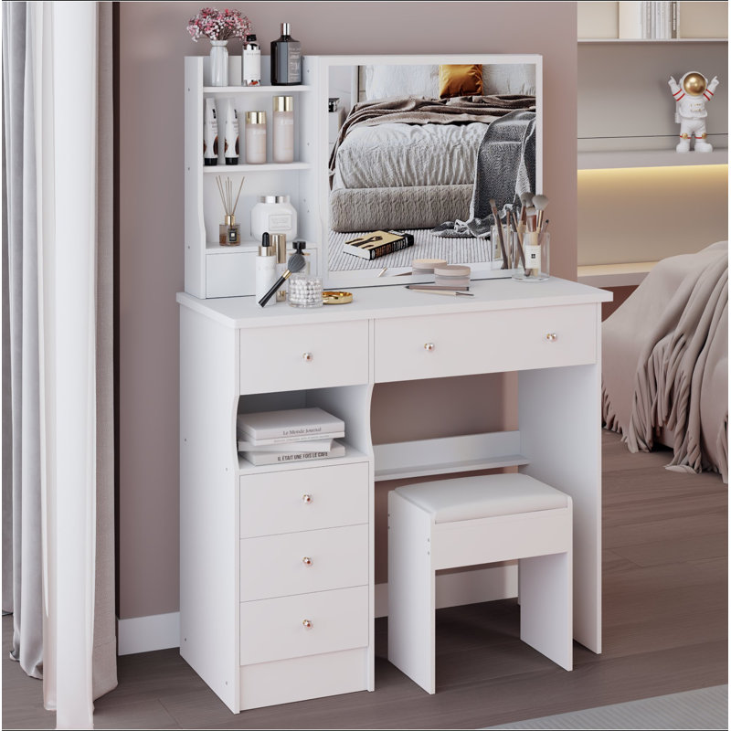 37" Middle Size Left Drawer Desktop Vanity Table + Cushioned Stool, Extra Large Right Sliding Mirror, Multi Layer High Capacity Storage, Practical Fashionable Dresser, Suitable For Large Space