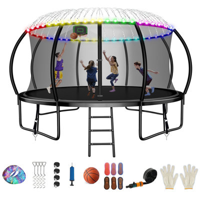 Trampoline de cour arrière de 12 pi Fiziti avec enceinte de sécurité, panier de basketball, arroseur, lumières