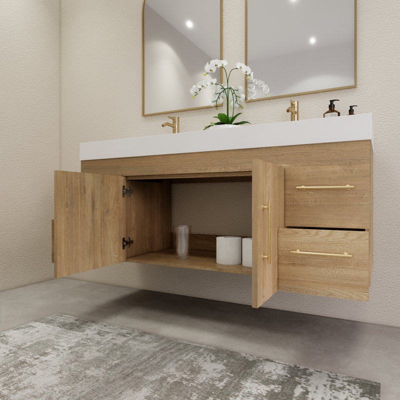 59" Wall-Mounted Double Bathroom Vanity Set, Oak