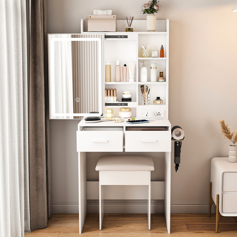 Space - Saving Dressing Table, White, With 3 Level Dimmable Led Lighting, 2 Drawers, Ports, Ac Outlets, And Shelf, Includes Stool Hidden Storage,