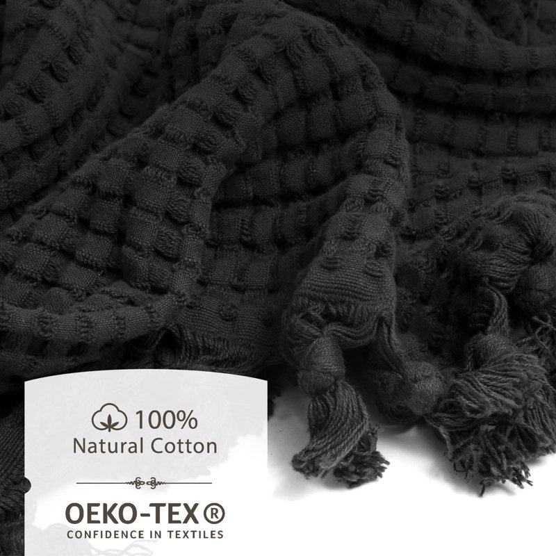 Waffle Tassel Hand Towel Set of 2 – 100% Natural Cotton Quick-Drying, Super Absorbent, Modern Style, Faded Black