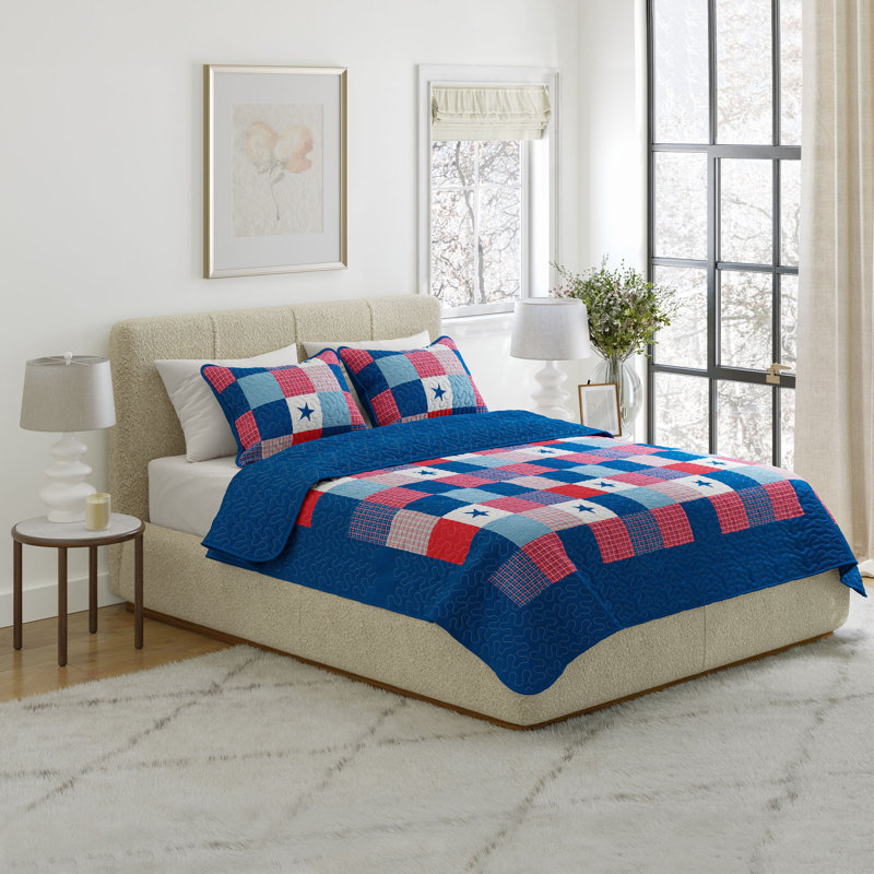 Lavish Home 3-Piece Caroline Patriotic Quilt Set - Microfiber Americana Stars and Plaid Patchwork Bedding - King Bed Spread with 2 Pillow Shams