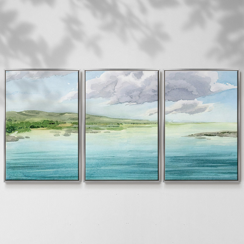 "Clear Lagoon II", peinture sur toile 3 pièces, H 36 po x l 75 po, Encadrement argenté