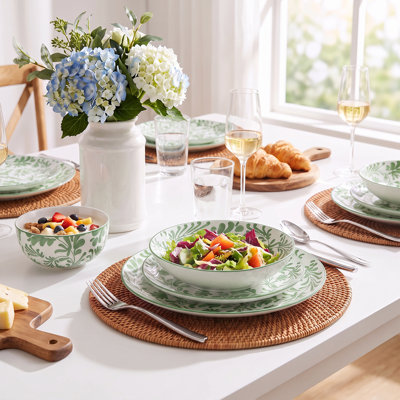 Service de table en porcelaine 24 pièces, assiettes à fleurs bleues et vertes, service pour 6
