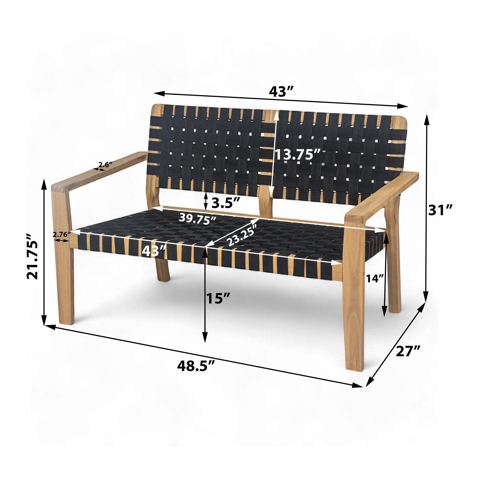 Melvin Acacia Wood Patio Loveseat, Black/Light Teak