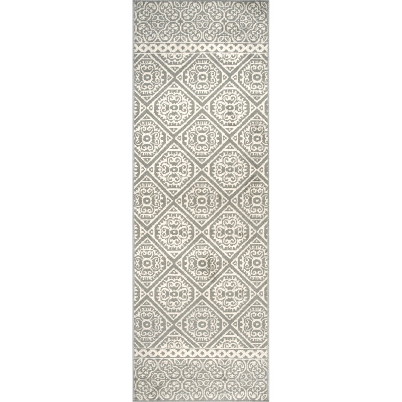 Connor Floral Tiled Performance Gray/Ivory Rug, Runner 2'6" x 12'