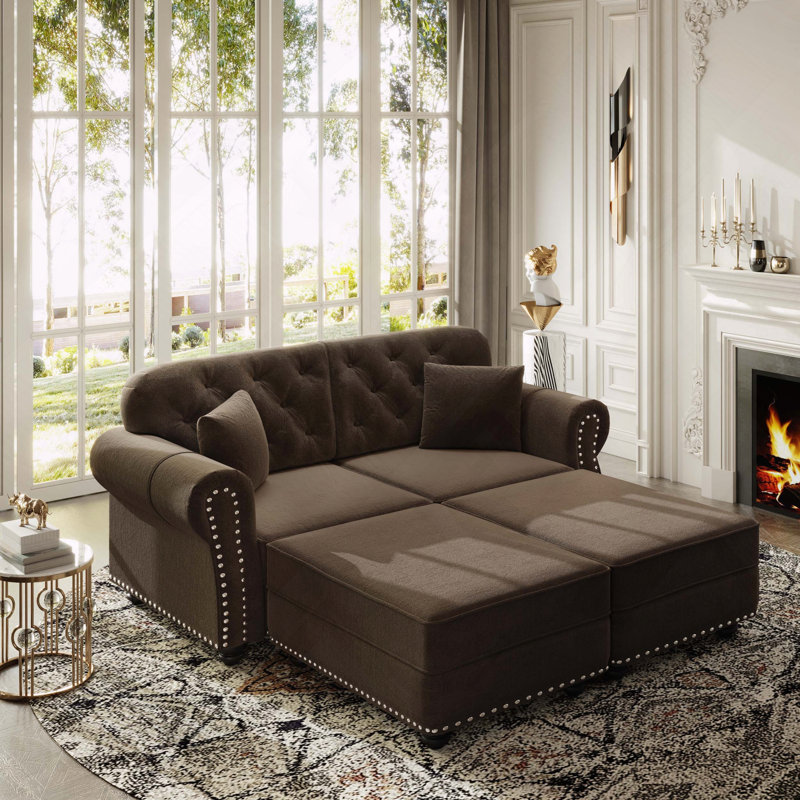 Velours Chesterfield canapé garniture cloutée capitonnée, Brun