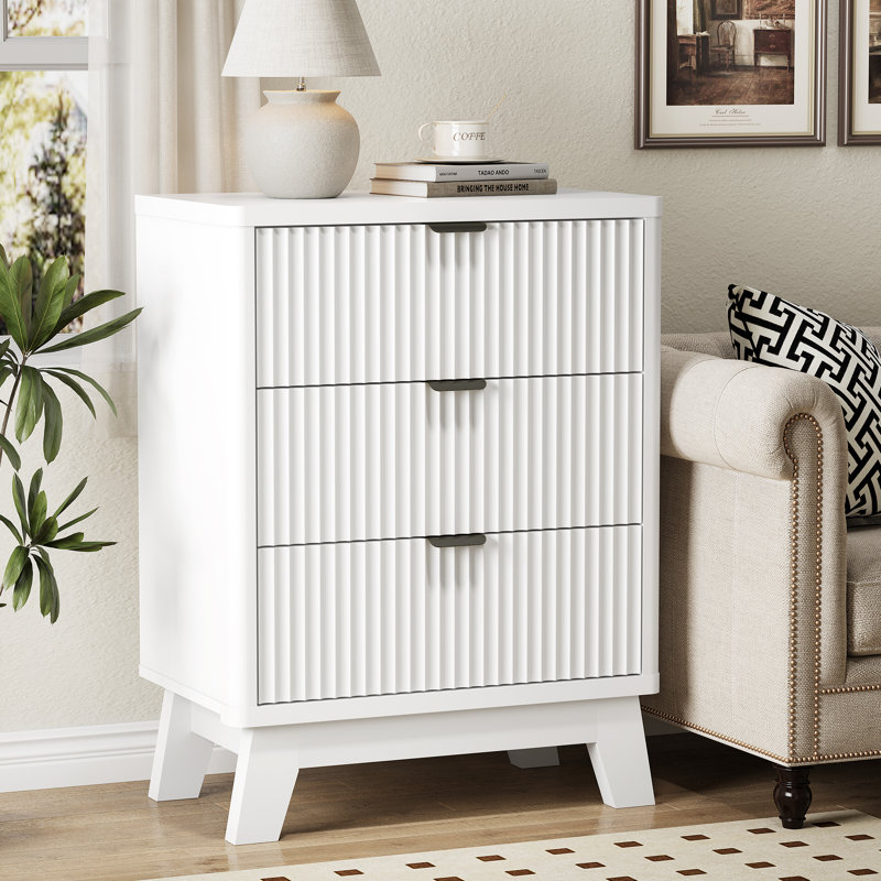 3-Drawer Fluted Nightstand with Storage, 24" Wide Mid Century Modern Bedside Table, Wooden End Table with Metal Handles & Splayed Legs, Small Dresser for Bedroom, Living Room,