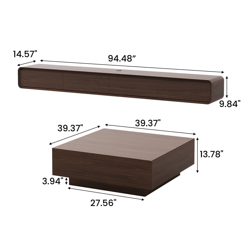 Meuble télé flottant avec table basse carrée 39,37 po Blosse, entièrement assemblé, Brun, H 9,84 po x L 14,57 po x l 94,48 po