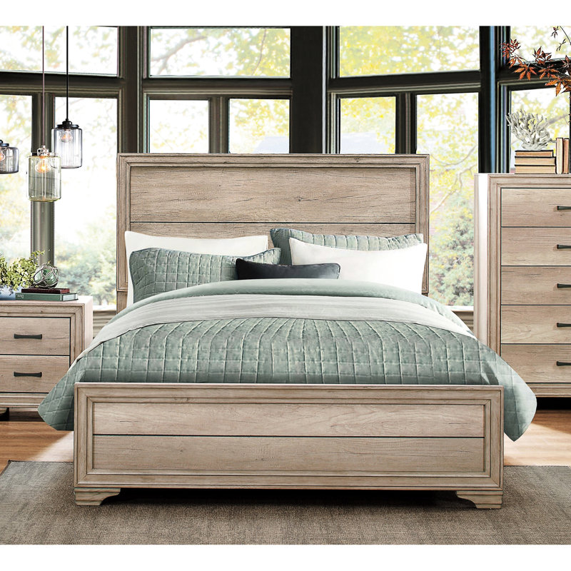Lit double contemporain avec finition naturelle - structure de qualité en bois et aspect bois, Lit double
