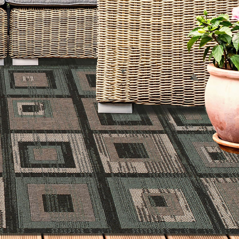 5' X 8' Colour Block Beige And Teal Checkered Stain Resistant Area Rug