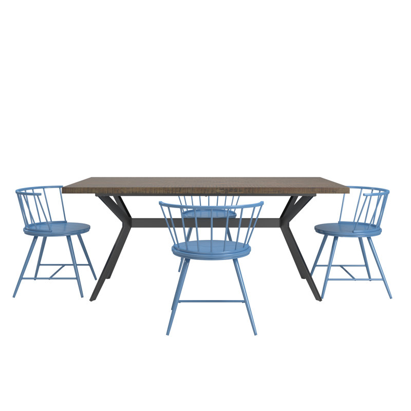 Breaux 70" Iron Gray Metal Base Dining Table And Low Back Windsor Chairs Set - Table And 4 Chairs, Driftwood Gray, Bluesteel