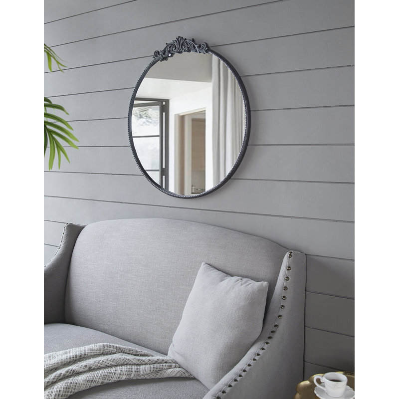 Miroir rond de conception classique avec cadre d'inspiration baroque pour la salle de bain, 32 po x 30 po, Noir