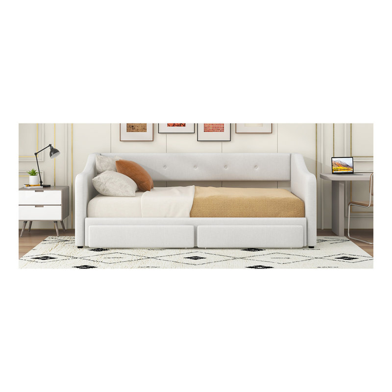 Twin XL to King Size Upholstered Daybed with Two Drawers, Beige