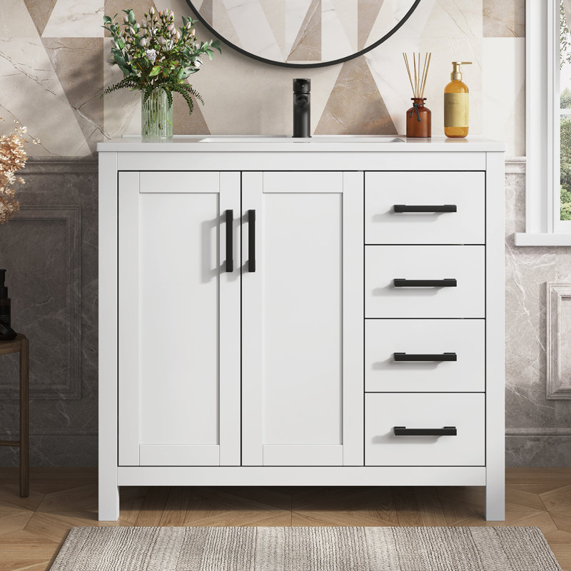 Sirois Eclipse Single Sink Bathroom Vanity With Solid Surface Composite Top, 36'', White