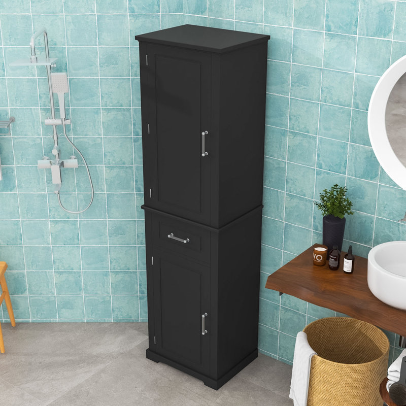 Grande armoire de rangement autoportante pour salle de bain avec tablettes réglables et tiroir, Noir
