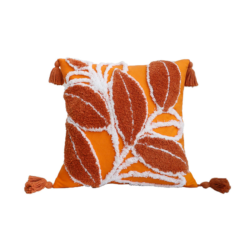 (Couvertures avec insertions) Ensemble de 2 coussins décoratifs à motif de feuilles, Noir / Orange