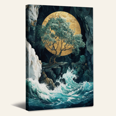Art mural sur toile, arbre stylisé contre un orbe doré sur des vagues turquoise