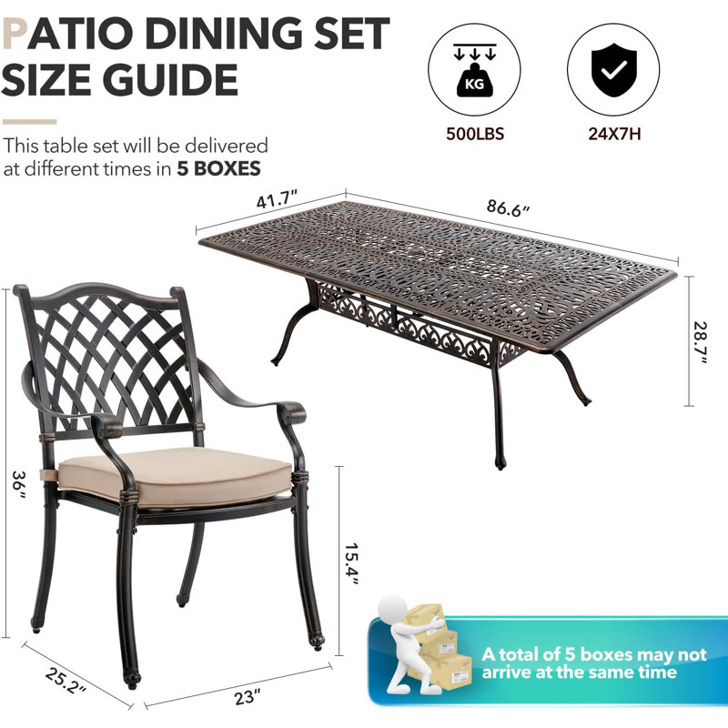 Ensemble de salle à manger 9 pièces pour l'extérieur en fonte d'aluminium, ensemble de salle à manger pour 8 personnes avec table et chaises 86,6 po