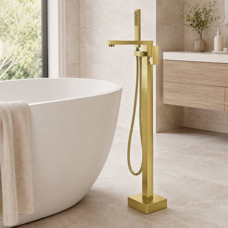 Robinet de baignoire autoportant de qualité supérieure avec douche à main, or brossé