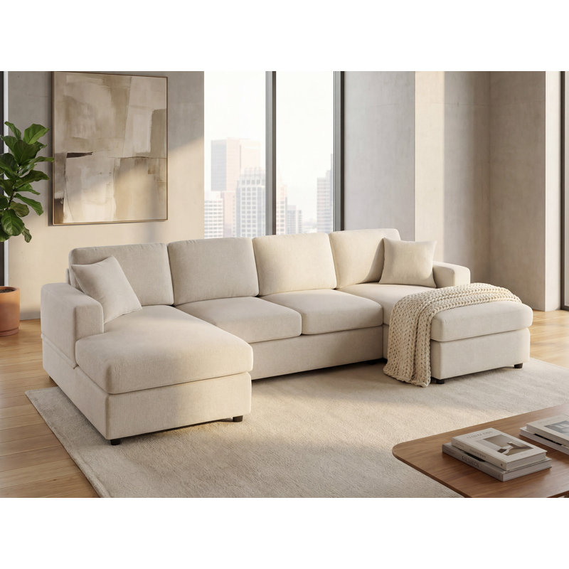 3 - Piece Upholstered Sectional, Beige Chenille