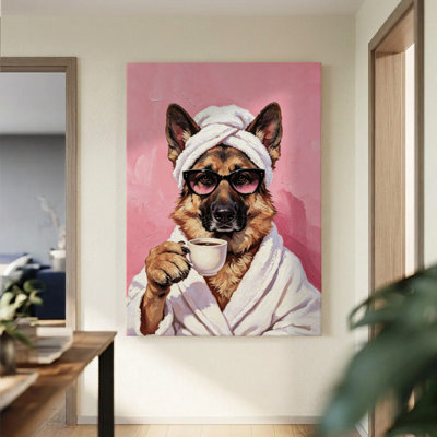 German Shepherd at Tea Warm Oil Canvas Wall Art, 24" x 36" Gallery Wrapped Canvas Print, Brown & White Bathroom Humor Wall Decor for Bathroom, Powder Room & Mudroom