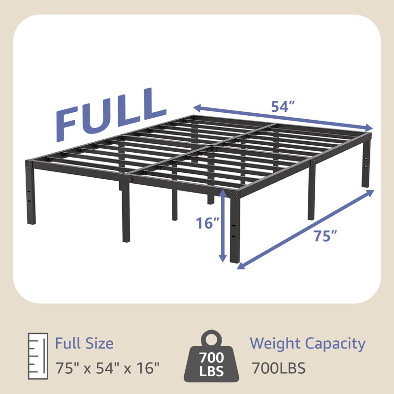  Structure de lit plateforme en métal noir de 16 po avec support à 11 pieds Turberville, sans sommier, pleine grandeur, 16"