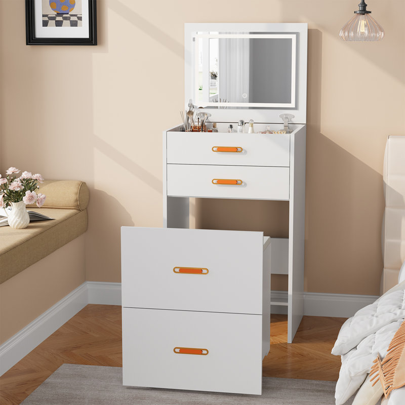 3 in 1 Vanity, Compact Vanity with 3 Drawers, Makeup Desk with Flip-up 3 Colors Lighting Mirror and Cushioned Stool, Small Vanities Nightstand for Bedroom