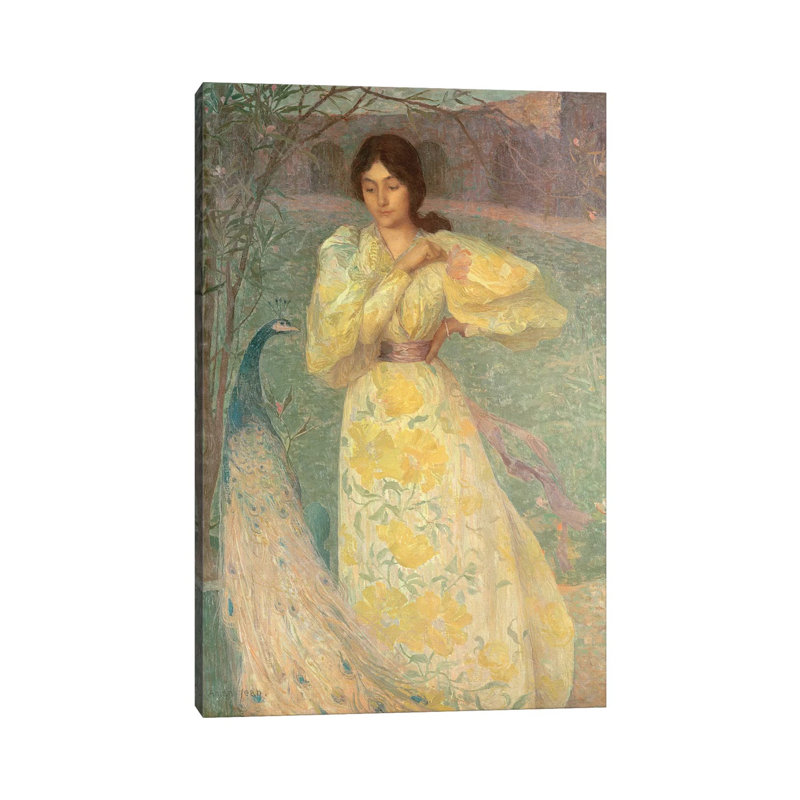 Young Girl With A Peacock by Edmond-Francois Aman-Jean - Wrapped Canvas Painting, 20.32 cm H x 30.48 cm W