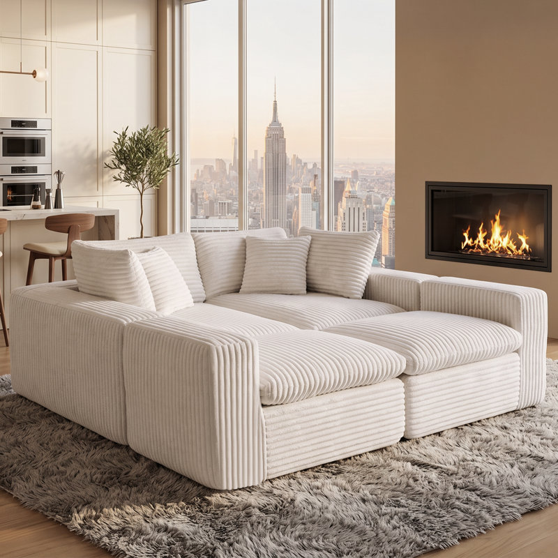 130" Oversized U-Shaped Modular Corduroy Cloud Couch, Plush Compression Sectional Sofa with High-Density Memory Foam, Deep Seat Boneless Sofa, Tool-Free Assembly
