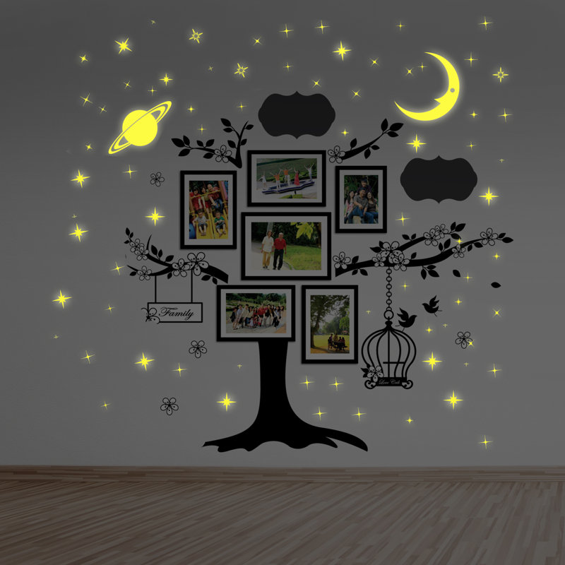 Décalcomanie murale tableau noir lune, étoiles, étiquettes et cage cadre photo