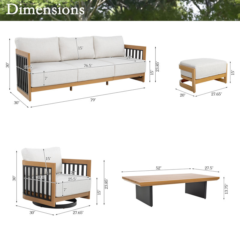 Sereno Patio 5 Person Aluminum Swivel Conversation Set With Cushions And Ottomans, Matted Teak
