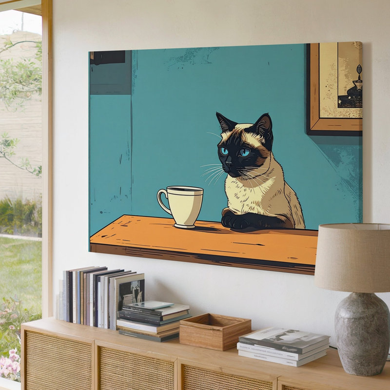 Art mural, chat siamois contemplatif avec tasse de thé aux couleurs vives lorsque la toile est prête à être accrochée