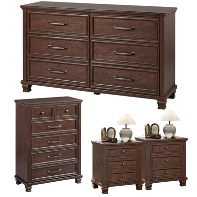 Farmhouse Bedroom Dresser and Nightstand Set of 4, 6 Drawer Tall & Low Dresser & 3 Drawer Nightstand Set with Wooden Legs, Rustic Wood Furniture Sets for Bedroom, Hallway