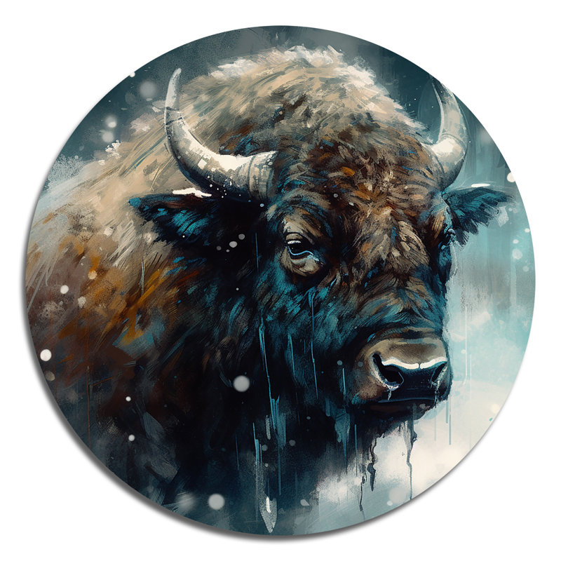 Portrait de bison dans la nature III - animaux, art en métal rond, H 16 po x l 16 po