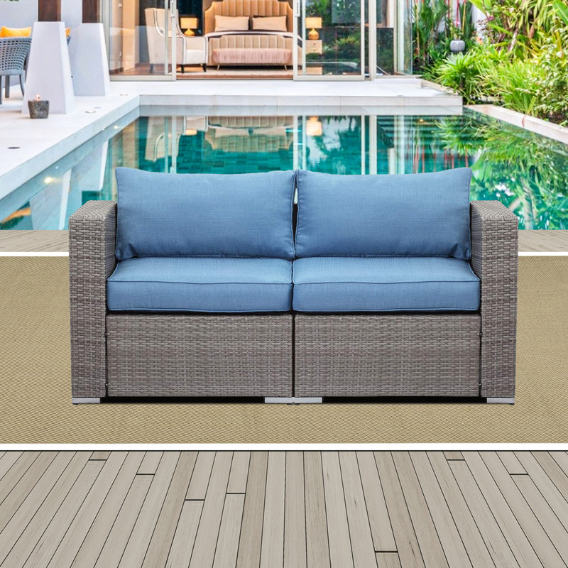 Alionna 29.5'' Wide L-Shaped Wicker Loveseat with Cushions, Blue