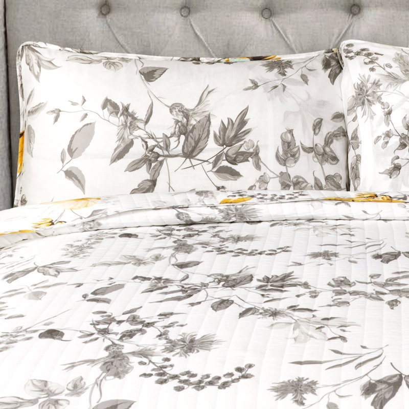 Gray and Yellow Cotton Floral Reversible Full Quilt Set