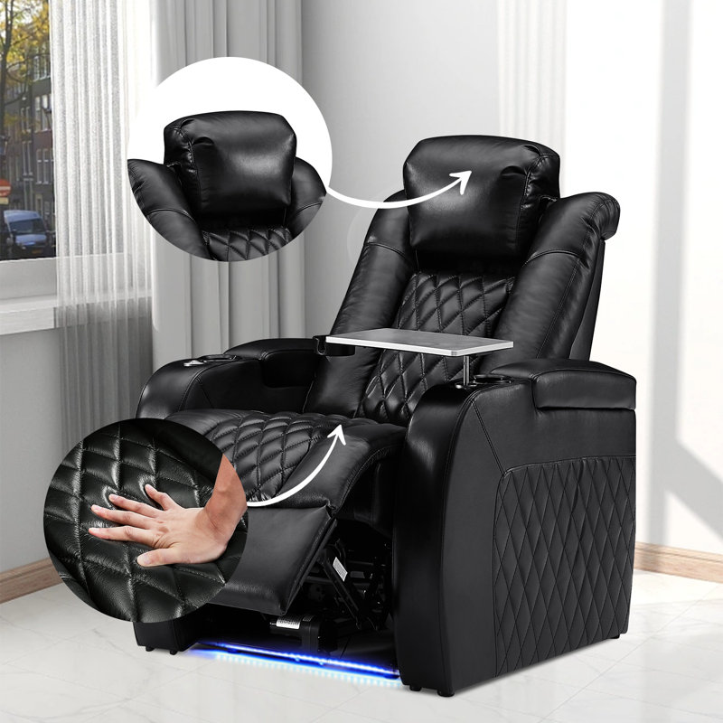 Leather Power Reclining Home Theater Seating with Cup Holder, Black Genuine Leather