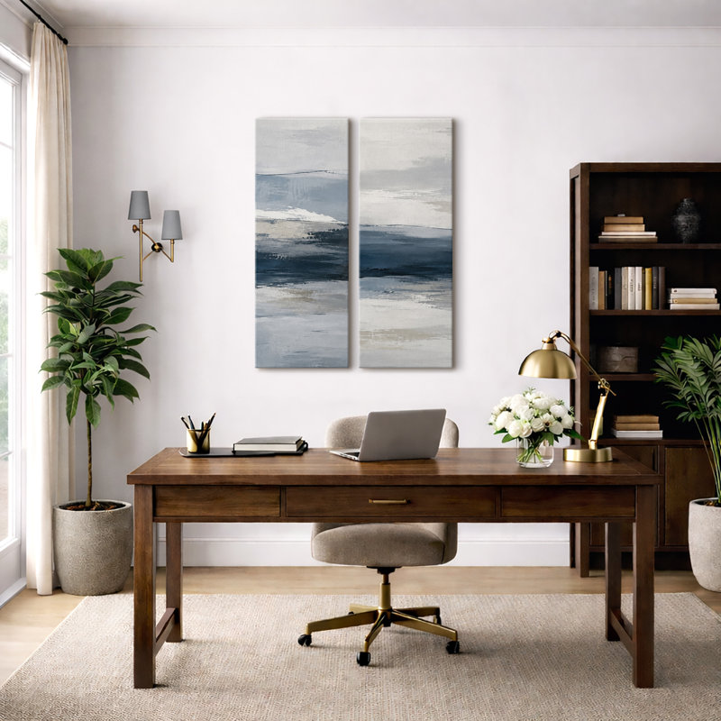 Abstrait côtier bleu marine et gris – Ensemble de 2 impressions d'art encadrées sur toile 32" x 12" x 2, H 32 po x l 12 po