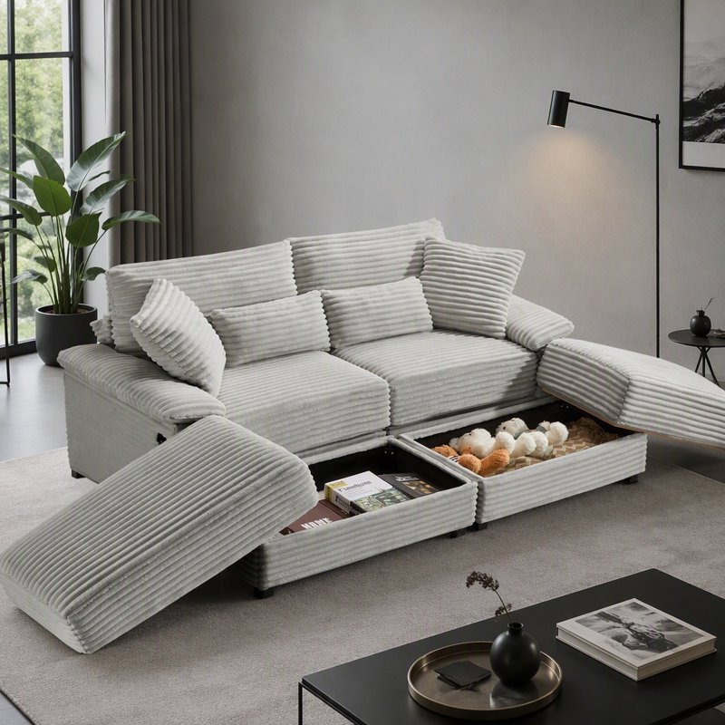Ensemble de chaise longue double avec repose-pieds réversible - Velours côtelé doux, rangement, port USB, siège / table multifonctionnel pour le salon