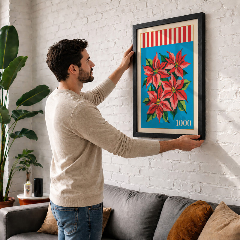 Poinsettia Festive Cluster Botanical - Framed Print, A1 - 84.1 x 59.4 cm, Oak