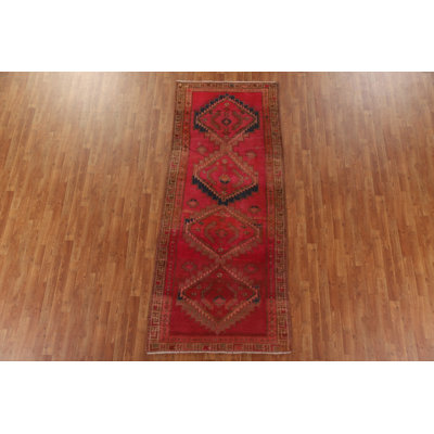 Tapis de couloir rose en laine noué à la main de conception unique de style années 1960 de 3 pi 9 po x 9 pi 3 po Selmin