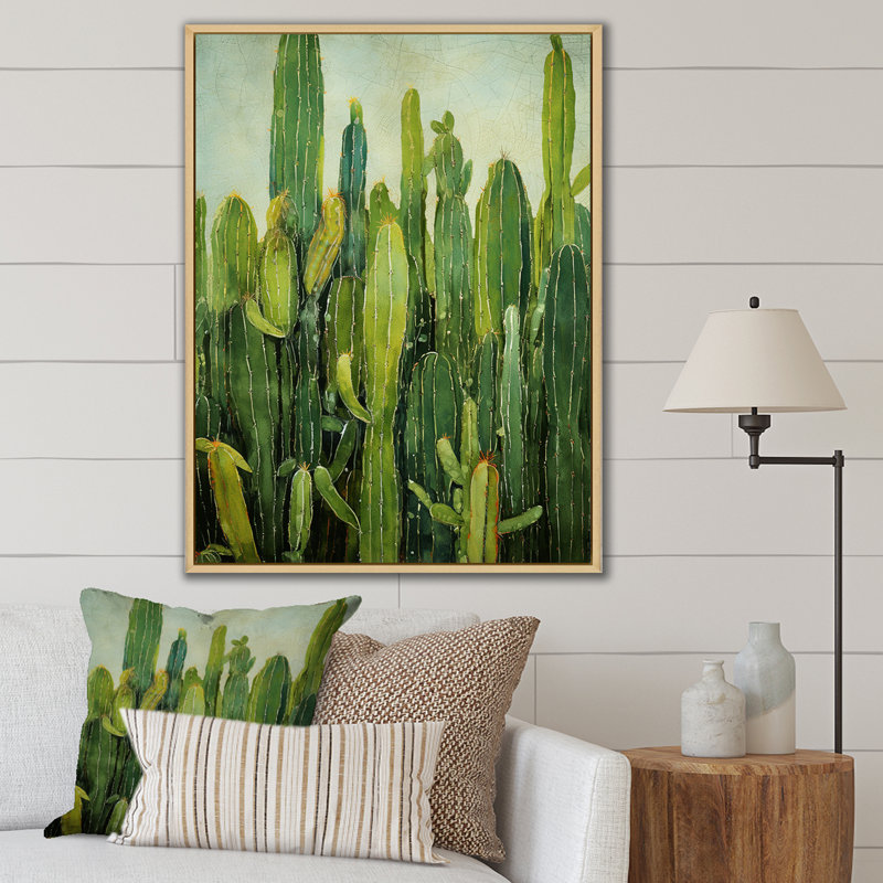 Collage de contour vert cactus - impressions sur toile de cactus, 32" H x 16" W, Gold Picture Framed